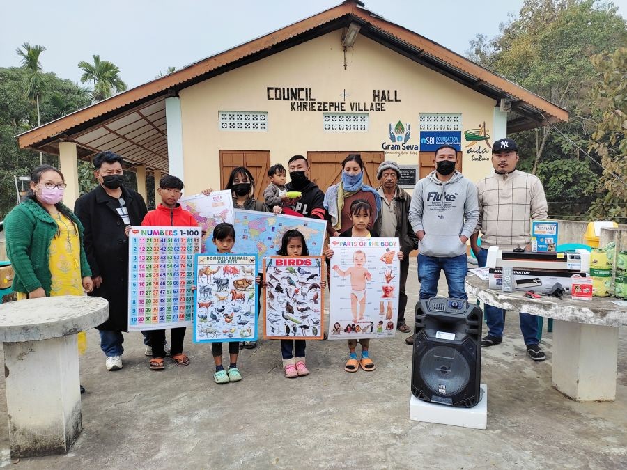 Five adopted villages, Khriezephe, Diezephe, Tsithrongse, Bade and Urra village were provided sound system, mini laminator and educational kits.